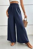 WOMEN SMOCKED ELASTIC WAIST WIDE LEG LONG PANTS