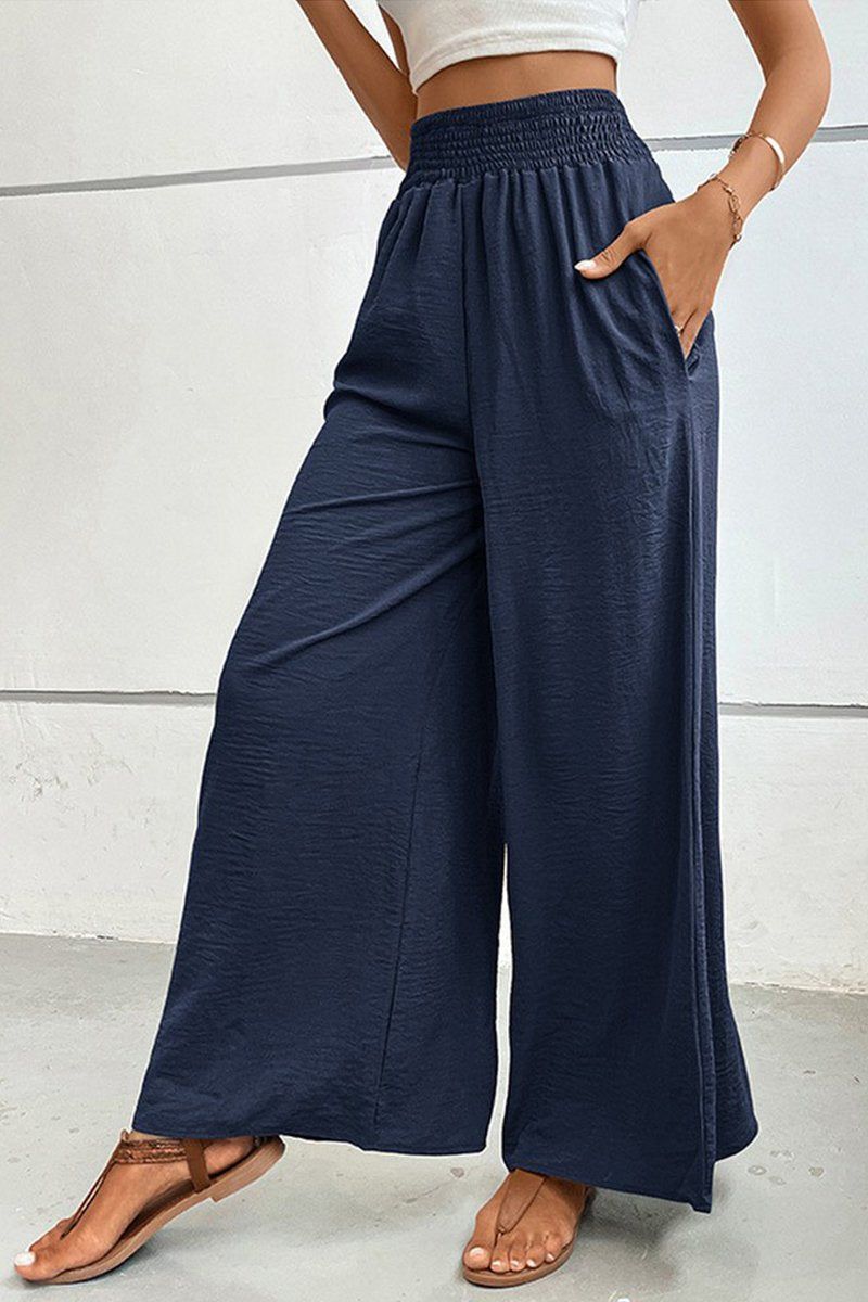 WOMEN SMOCKED ELASTIC WAIST WIDE LEG LONG PANTS