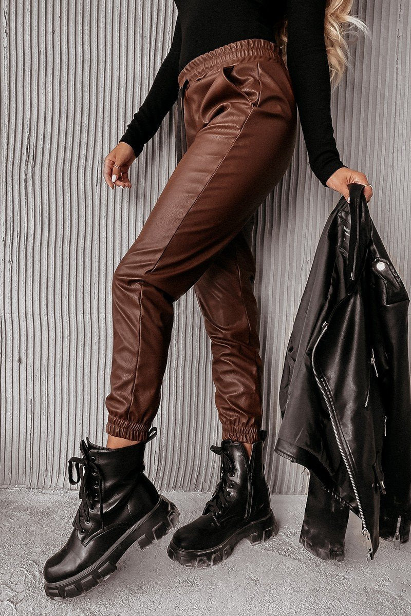 WOMEN DRAWSTRING ELASTIC WAIST PU PANTS