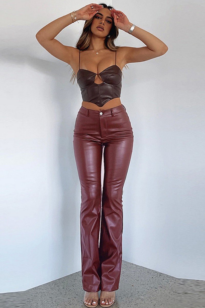 WOMEN SLIM TIGHT FIT LONG CASUAL PU PANTS