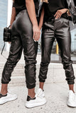 WOMEN PU LEATHER RIBBED HEM PANTS WITH POCKETS