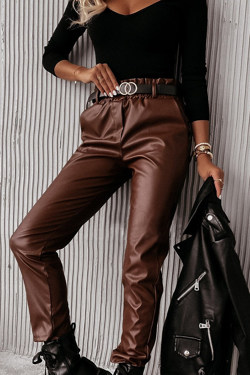WOMEN SOLID PU LEATHER SLIM FIT CASUAL PANTS