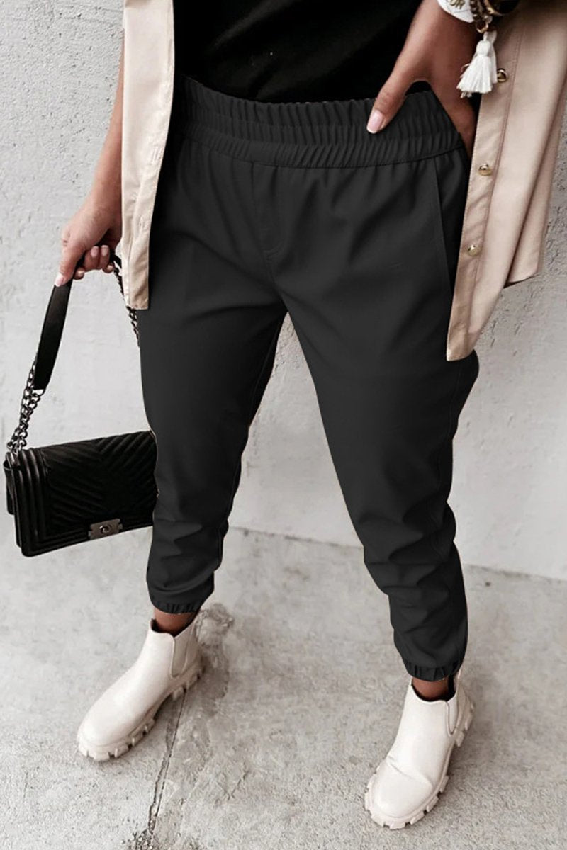 WOMEN ELASTIC RIBBED PU LEATHER LONG PANTS