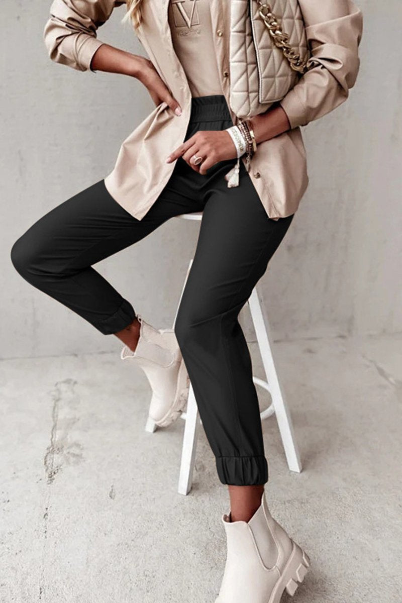 WOMEN ELASTIC RIBBED PU LEATHER LONG PANTS