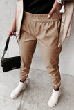 WOMEN ELASTIC RIBBED PU LEATHER LONG PANTS