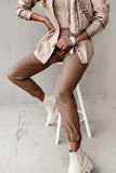 WOMEN ELASTIC RIBBED PU LEATHER LONG PANTS