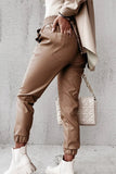 WOMEN ELASTIC RIBBED PU LEATHER LONG PANTS