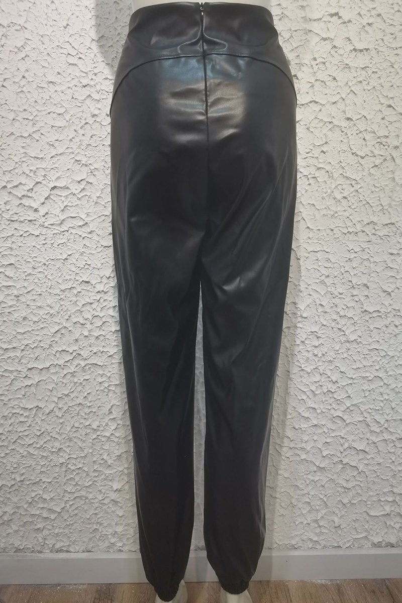 WOMEN ELASTIC WAIST RIBBED COZY PU LEATHER PANTS