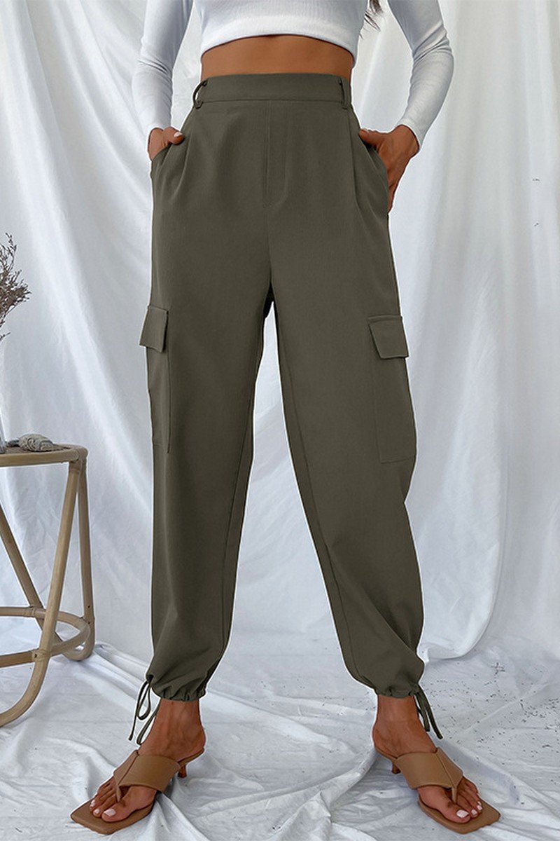 WOMEN DRAWSTRING ELASTIC HEM CASUAL LONG PANTS