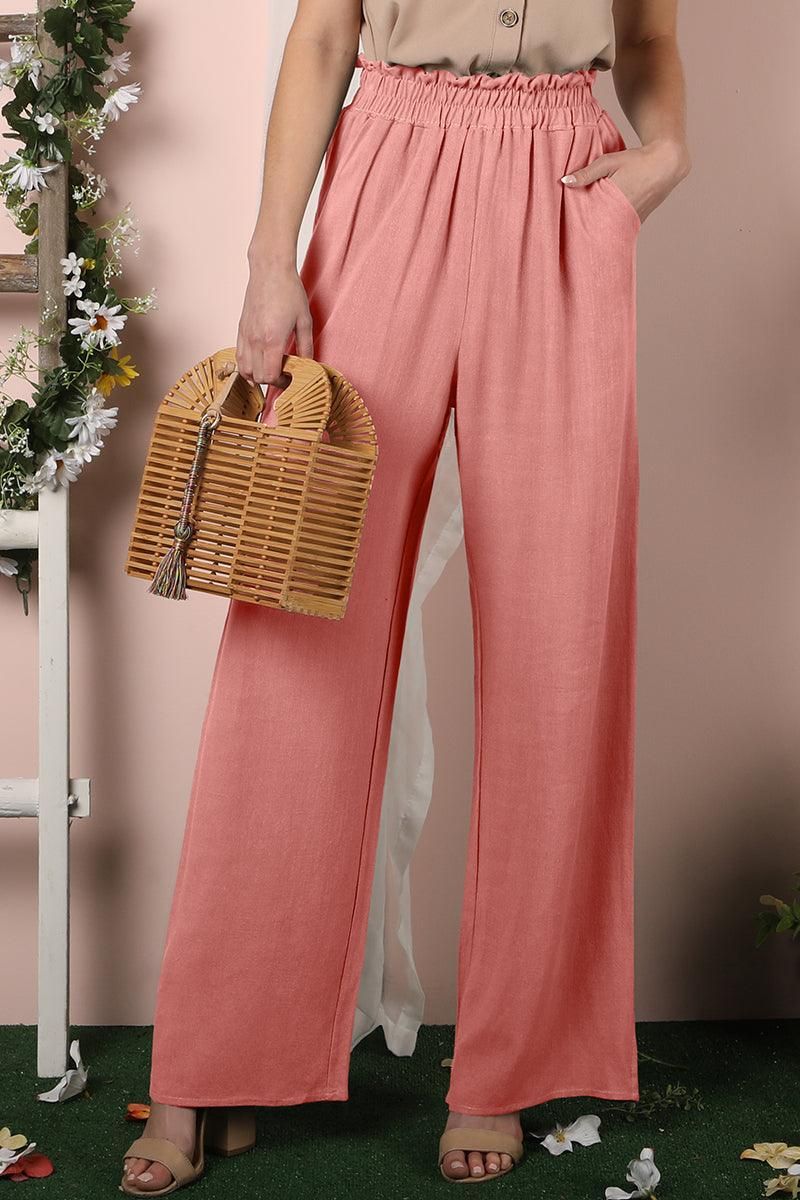 EASY PULL ON COTTON LINEN PANTS WITH SIDE POCKET - Doublju