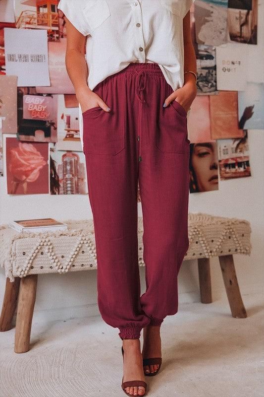 SMOCKING WAIST AND BOTTOM BANDED JOGGER PANTS - Doublju