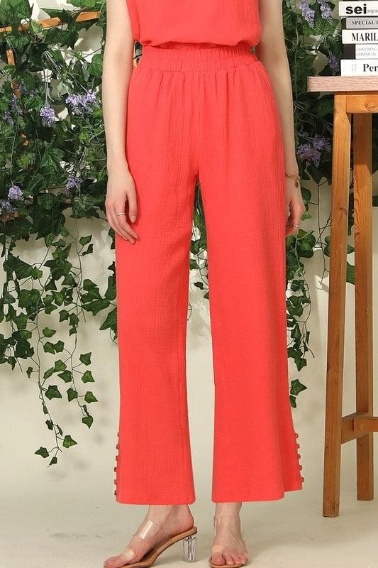 BANDED SMOCKING LONG PANTS WITH BUTTON DETAILED - Doublju