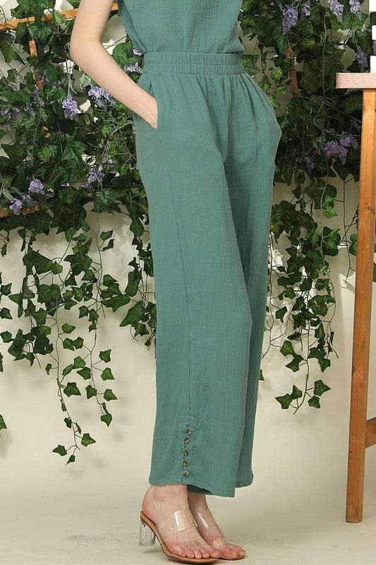 BANDED SMOCKING LONG PANTS WITH BUTTON DETAILED - Doublju