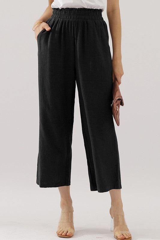 EASY PULL ON LINEN CAPRIS PANTS WITH SIDE POCKET - Doublju