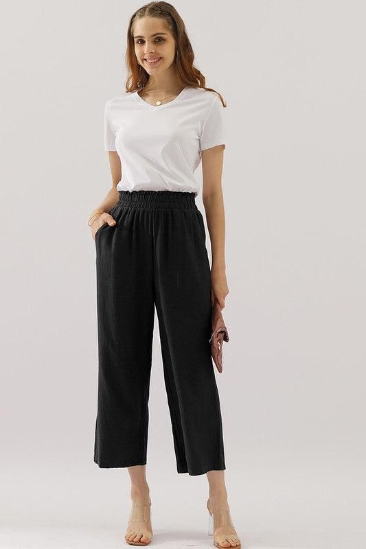 EASY PULL ON LINEN CAPRIS PANTS WITH SIDE POCKET - Doublju