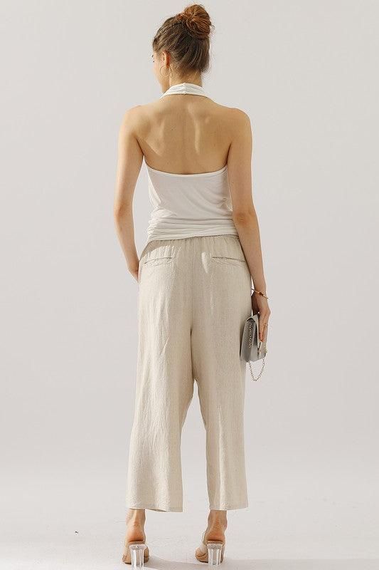 EASY PULL ON LINEN CAPRIS PANTS WITH SIDE POCKET - Doublju