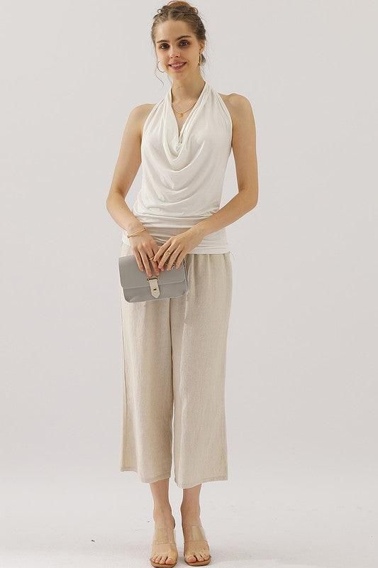 EASY PULL ON LINEN CAPRIS PANTS WITH SIDE POCKET - Doublju