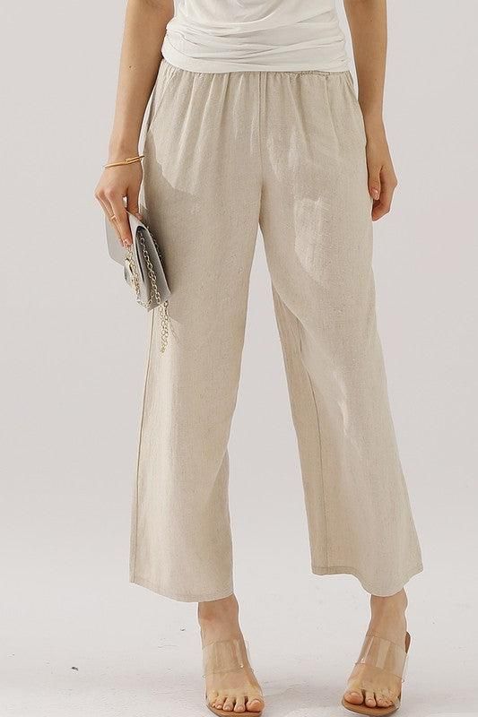 EASY PULL ON LINEN CAPRIS PANTS WITH SIDE POCKET - Doublju