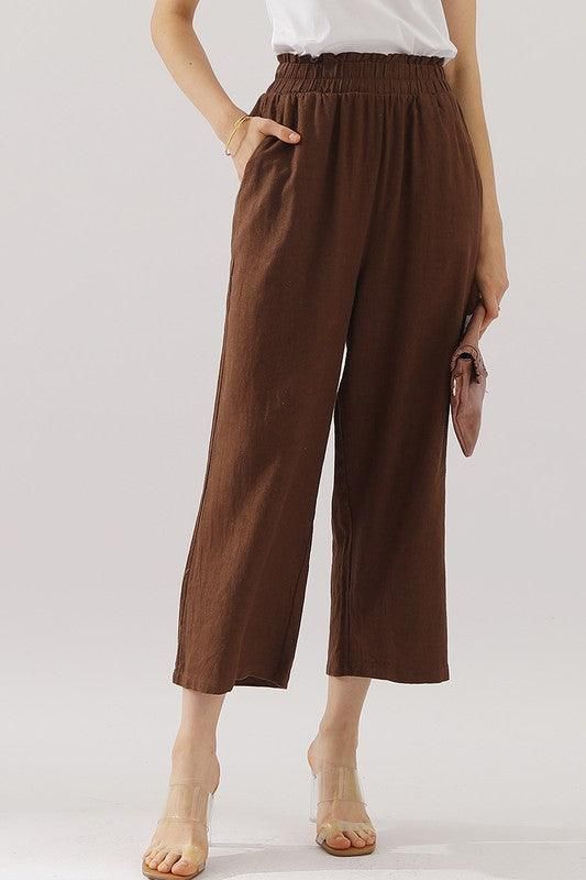 EASY PULL ON LINEN CAPRIS PANTS WITH SIDE POCKET - Doublju