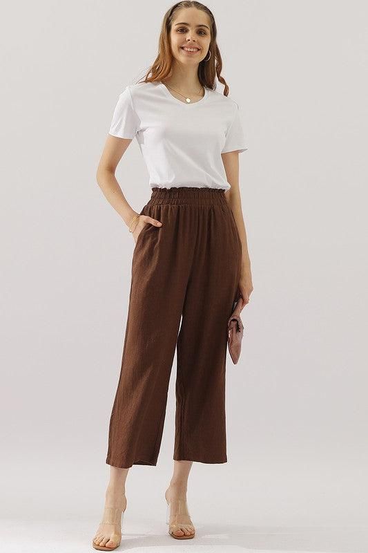 EASY PULL ON LINEN CAPRIS PANTS WITH SIDE POCKET - Doublju