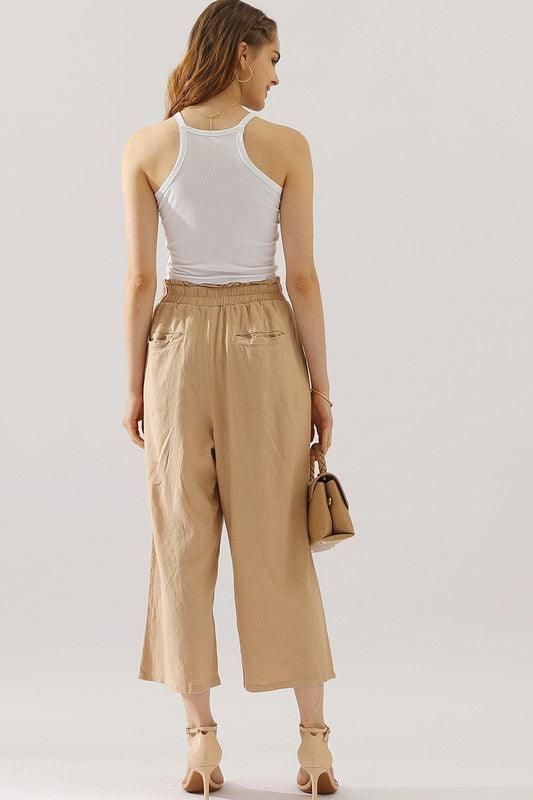 EASY PULL ON LINEN CAPRIS PANTS WITH SIDE POCKET - Doublju