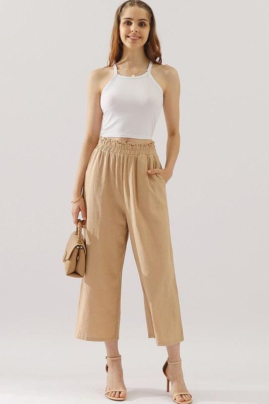 EASY PULL ON LINEN CAPRIS PANTS WITH SIDE POCKET - Doublju