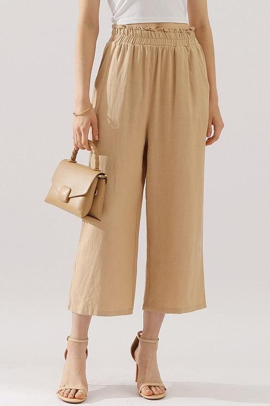 EASY PULL ON LINEN CAPRIS PANTS WITH SIDE POCKET - Doublju