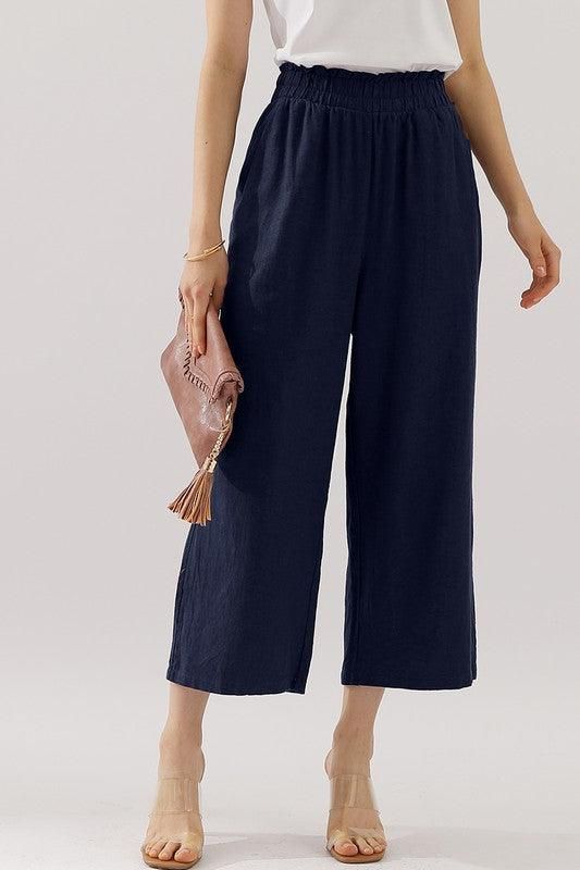 EASY PULL ON LINEN CAPRIS PANTS WITH SIDE POCKET - Doublju