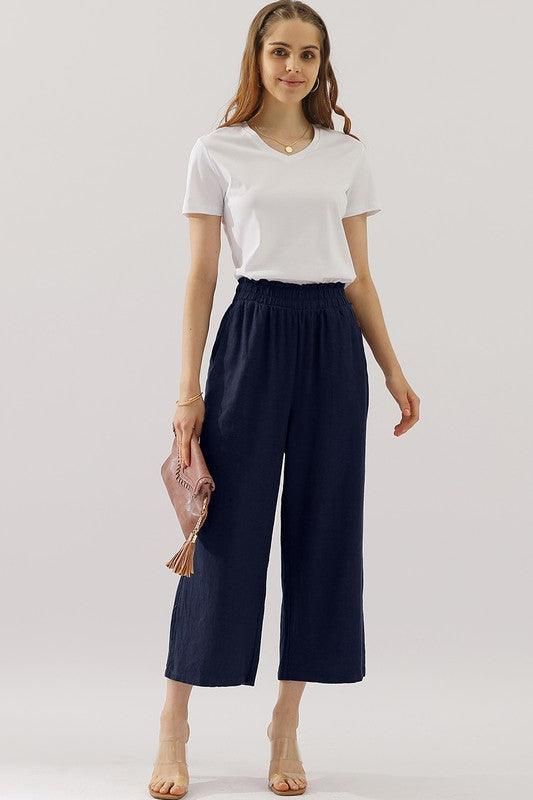 EASY PULL ON LINEN CAPRIS PANTS WITH SIDE POCKET - Doublju