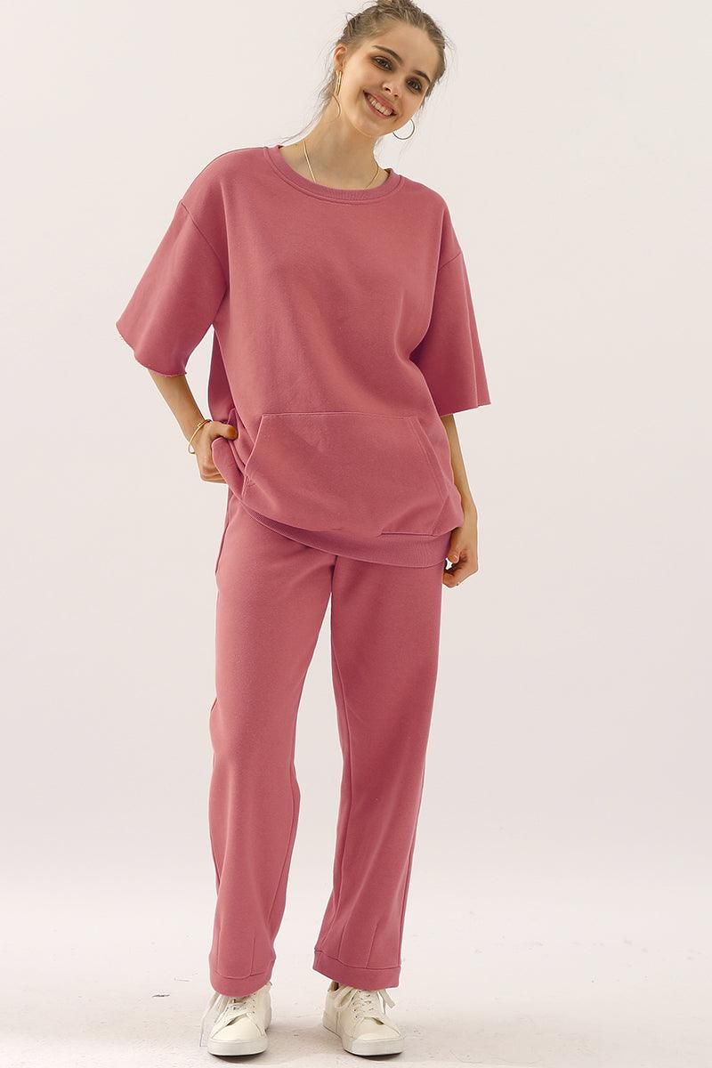 HIGH WAISTED STRAIGHT WIDE LEG LONG SWEAT PANTS - Doublju