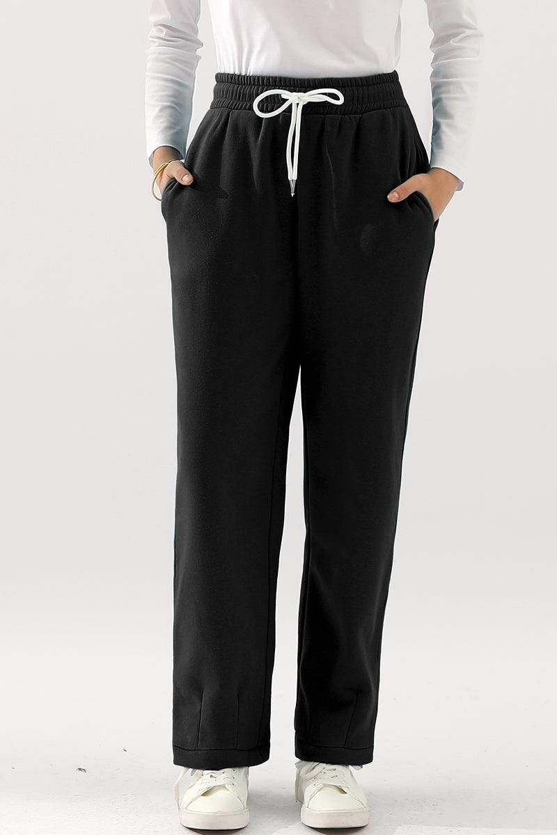 HIGH WAISTED STRAIGHT WIDE LEG LONG SWEAT PANTS - Doublju