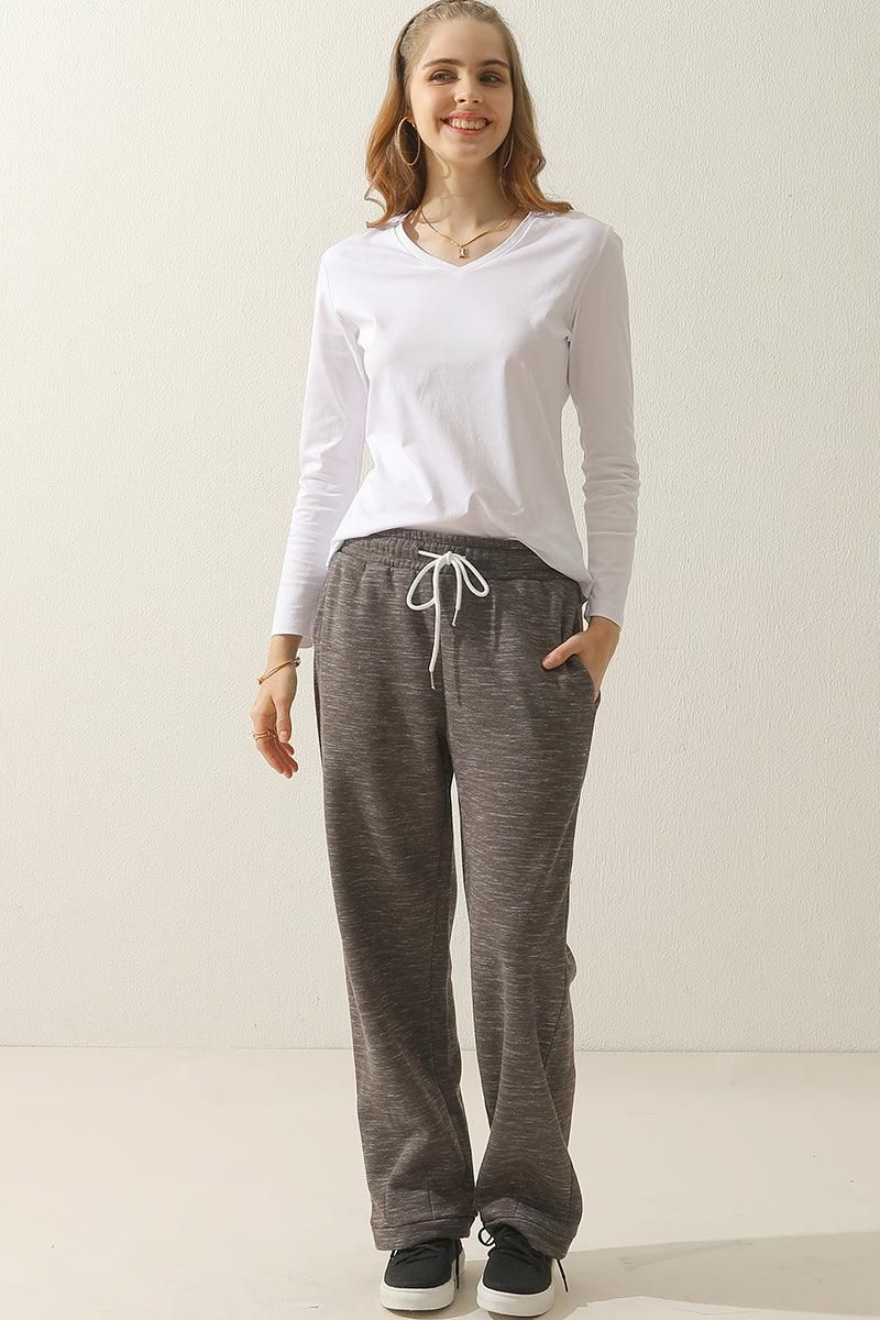 HIGH WAISTED STRAIGHT WIDE LEG LONG SWEAT PANTS - Doublju