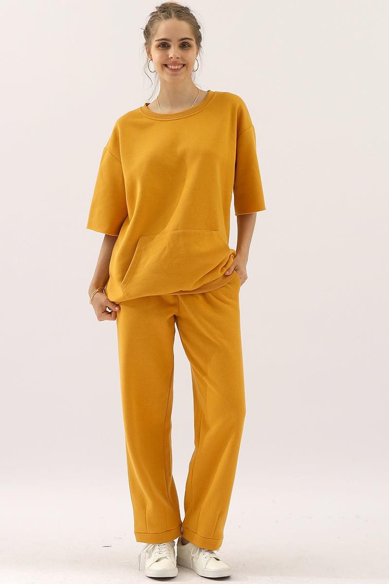 HIGH WAISTED STRAIGHT WIDE LEG LONG SWEAT PANTS - Doublju