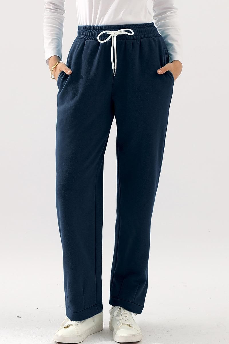 HIGH WAISTED STRAIGHT WIDE LEG LONG SWEAT PANTS - Doublju