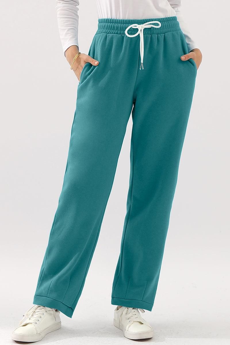 HIGH WAISTED STRAIGHT WIDE LEG LONG SWEAT PANTS - Doublju