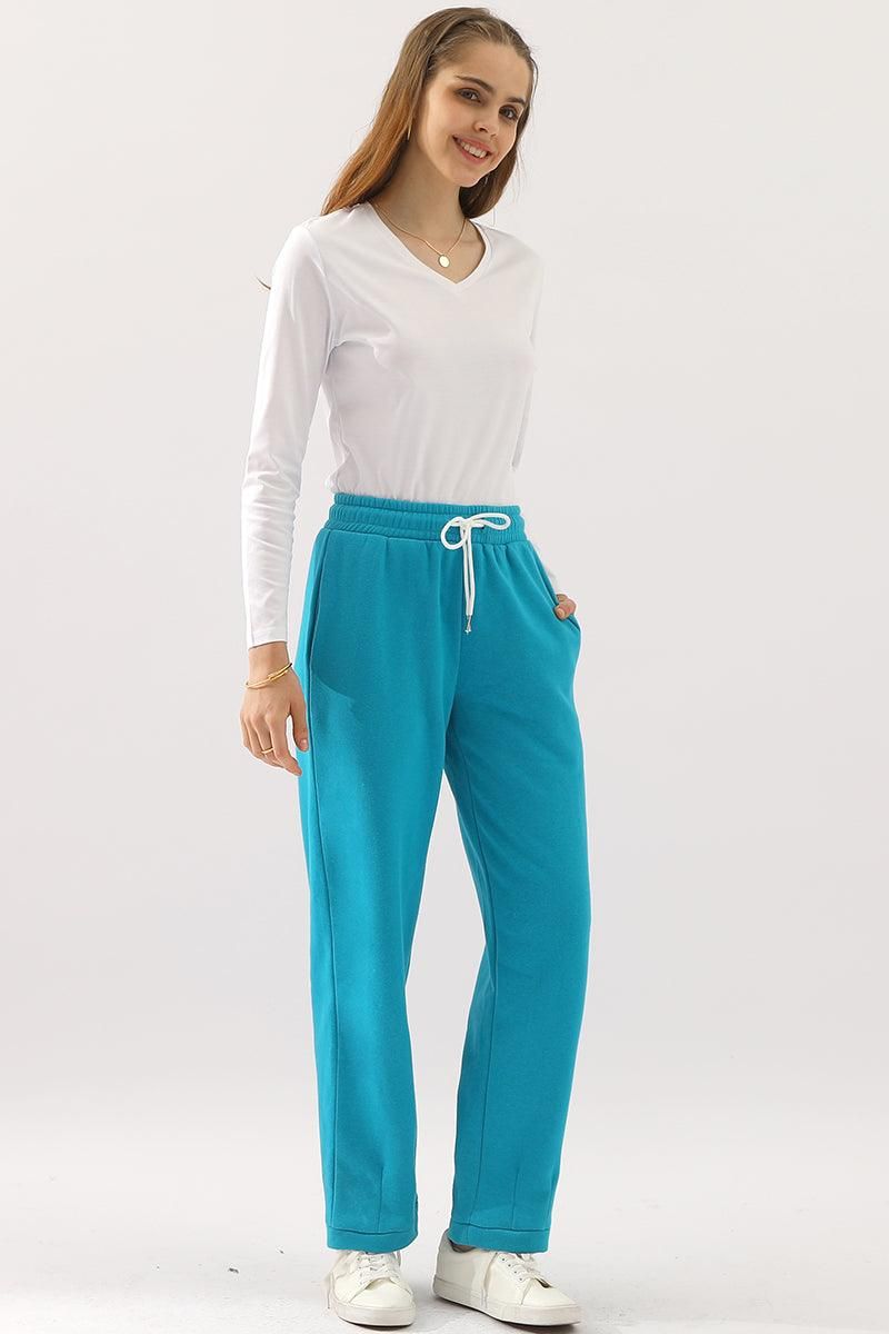 HIGH WAISTED STRAIGHT WIDE LEG LONG SWEAT PANTS - Doublju