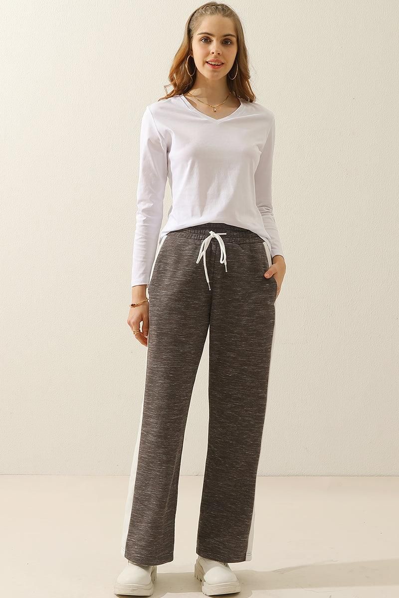 HIGH WAISTED STRAIGHT WIDE LEG LONG SWEAT PANTS - Doublju