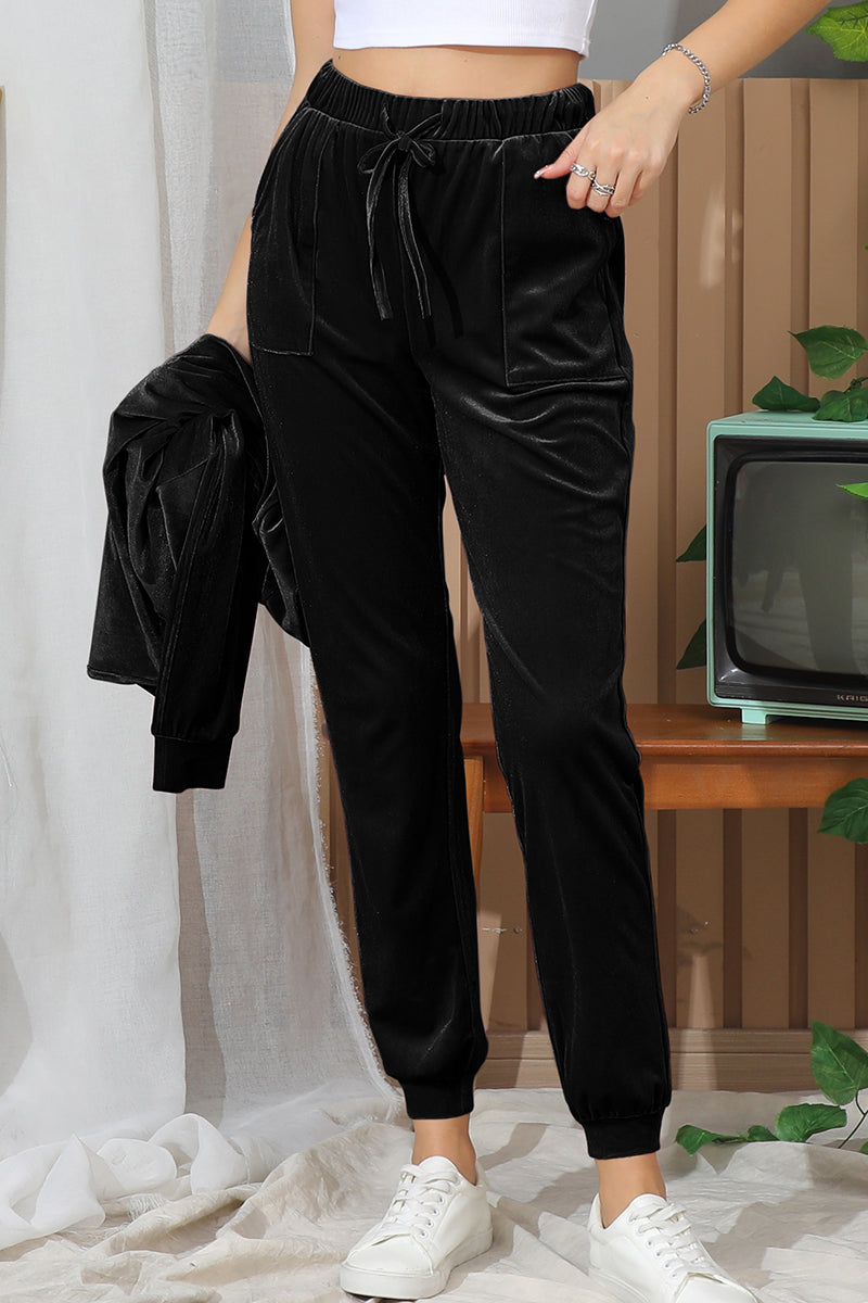 WAIST TIE BAND CASUAL VELVET LONG TRACK PANTS