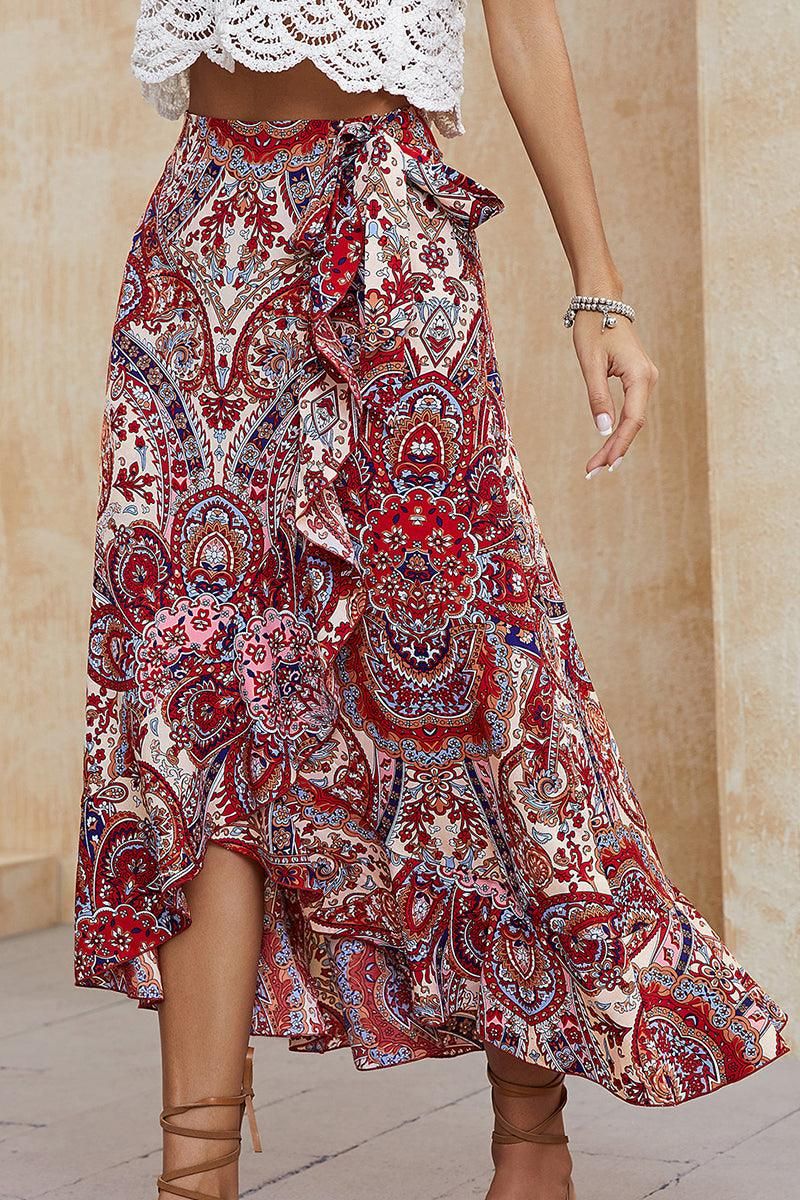 WOMEN RUFFLED HIGH WAIST BOHO SKIRT - Doublju