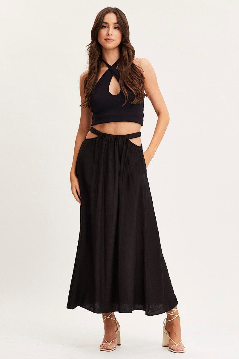 WOMEN ELASTIC CUT OUT WAIST MAXI FLOWY SKIRT