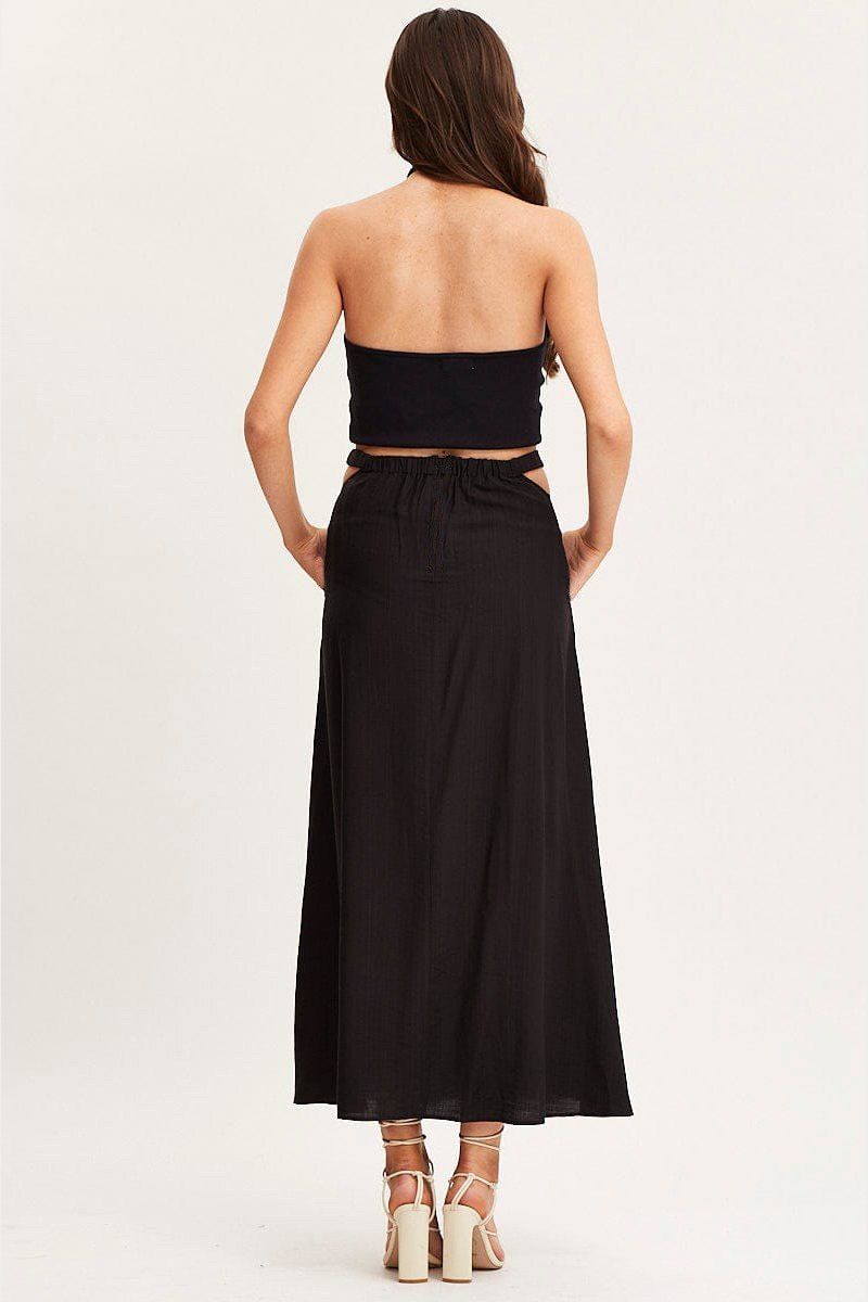 WOMEN ELASTIC CUT OUT WAIST MAXI FLOWY SKIRT