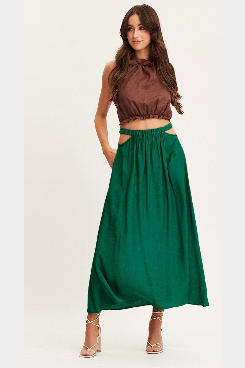 WOMEN ELASTIC CUT OUT WAIST MAXI FLOWY SKIRT