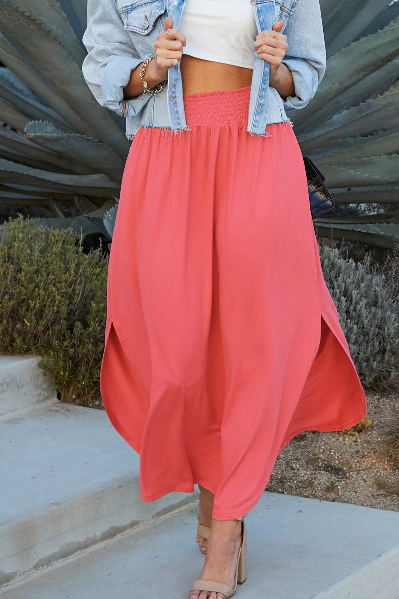 SMOCKING WAIST MAXI SKIRT WITH SIDE POCKET