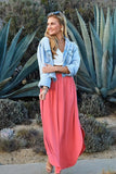 SMOCKING WAIST MAXI SKIRT WITH SIDE POCKET - Doublju