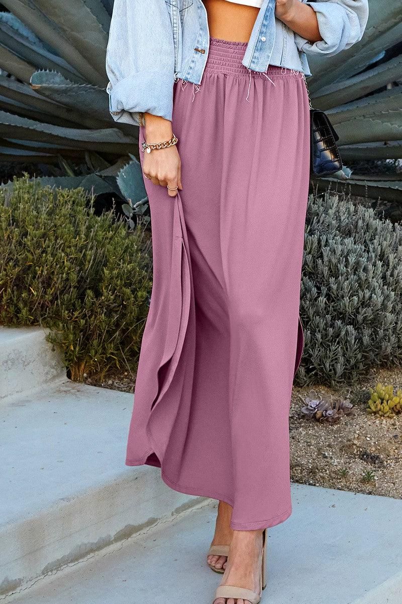 SMOCKING WAIST MAXI SKIRT WITH SIDE POCKET - Doublju