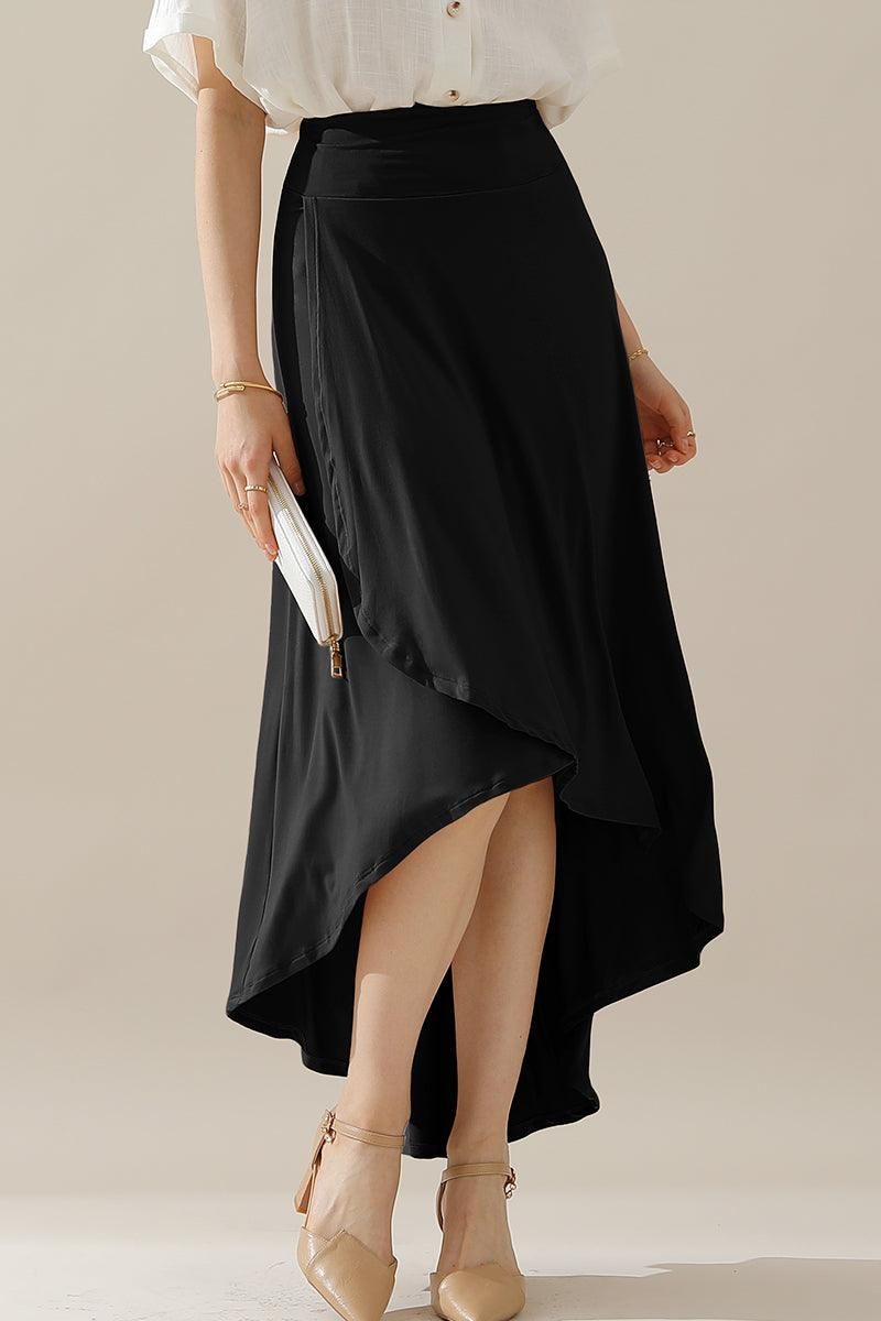 HIGH WAIST BANDED OVERLAP FLARE MAXI SKIRT - Doublju