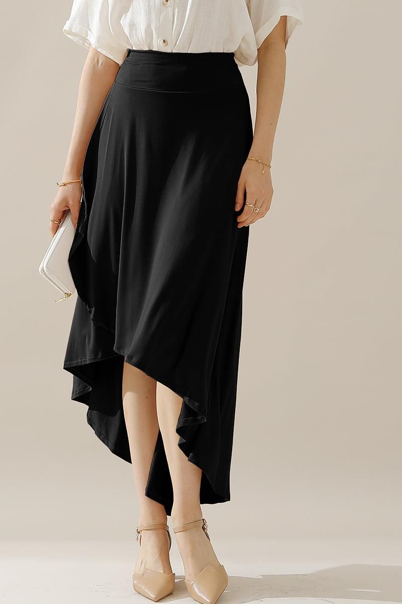 HIGH WAIST BANDED OVERLAP FLARE MAXI SKIRT - Doublju