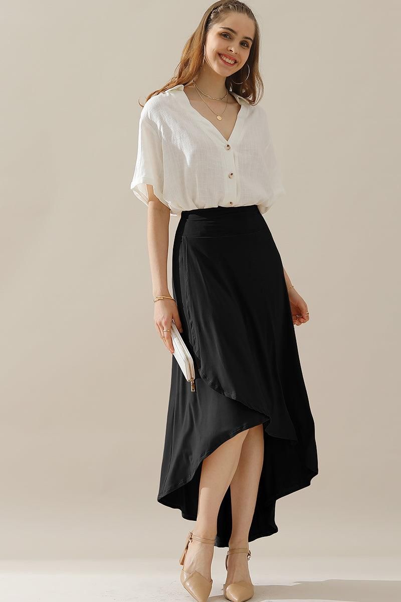 HIGH WAIST BANDED OVERLAP FLARE MAXI SKIRT - Doublju