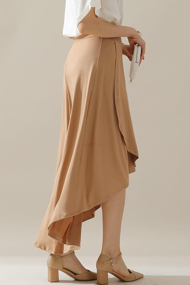 HIGH WAIST BANDED OVERLAP FLARE MAXI SKIRT - Doublju