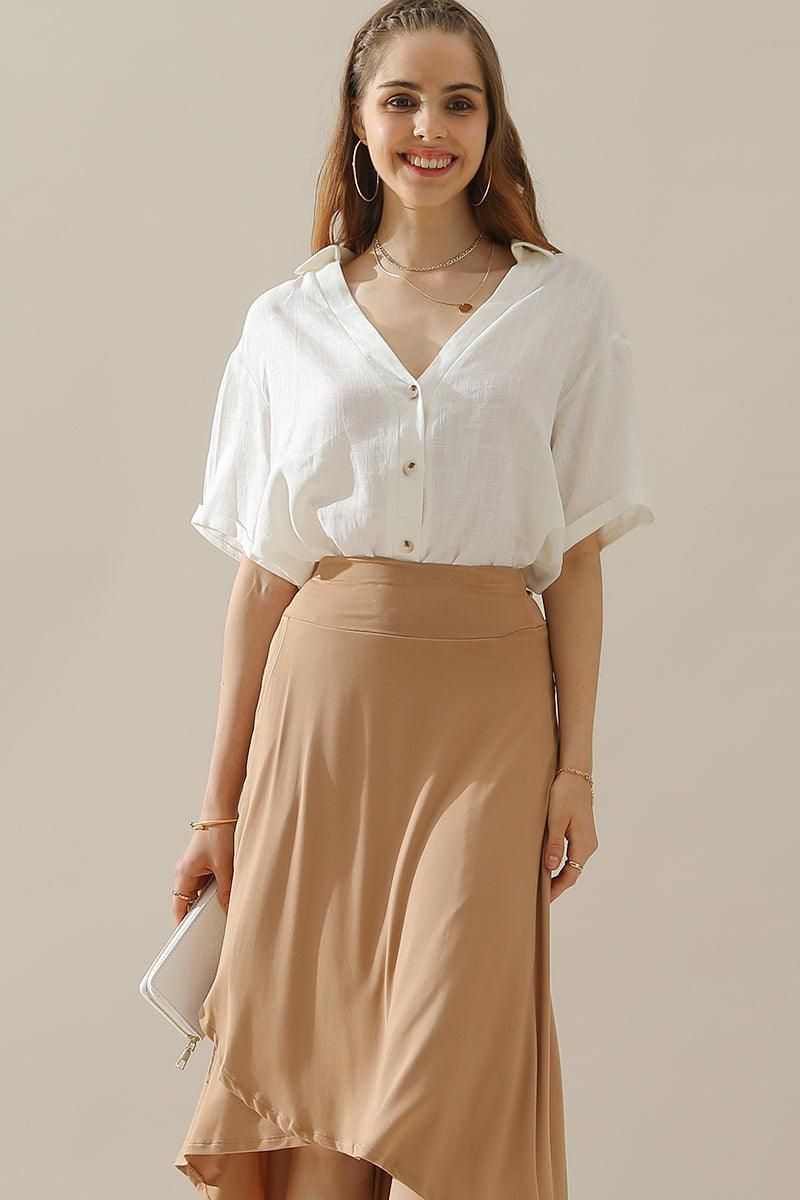 HIGH WAIST BANDED OVERLAP FLARE MAXI SKIRT - Doublju